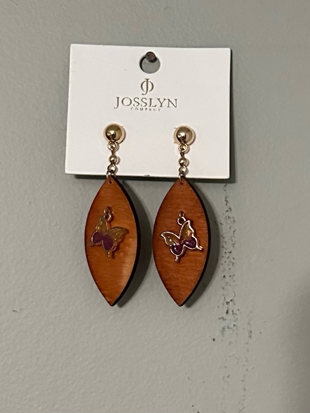 Josslyn Brown Wood Butterfly Drop Earrings - Purple Accent